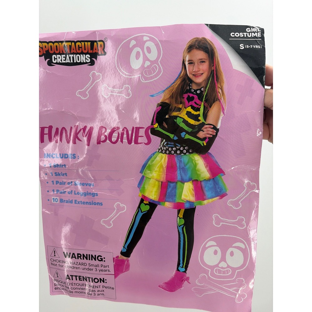 Spooktacular Creations Funky Bones Skeleton Rainbow Costume Girls Small 5-7 FLAW